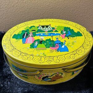 Vintage Sewing Basket Tin Victorian Old New York  Arch Oval Handle